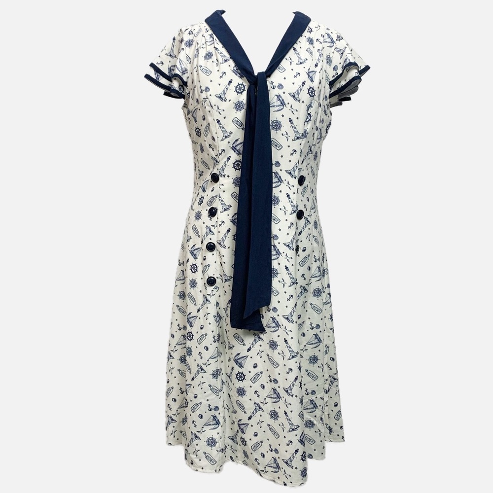 Voodoo Vixen White and Blue Patterned Dress